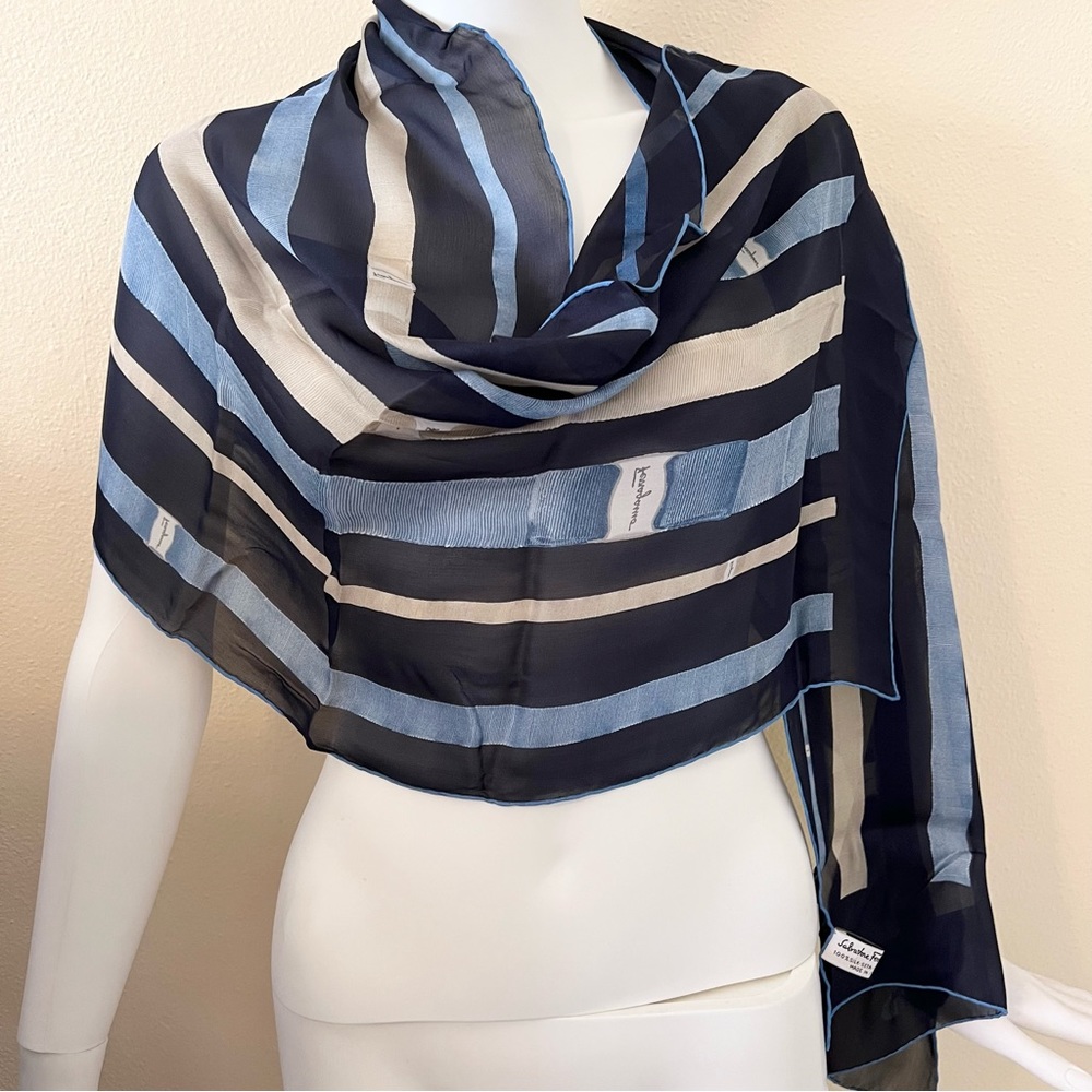Salvatore Ferragamo Silk Scarf 60" X 16.5" Blue & Beige